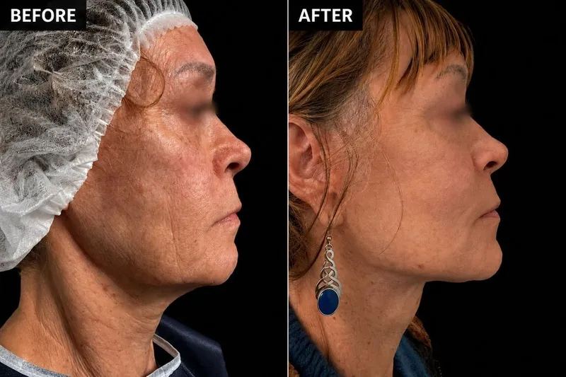 Before and after deep plane facelift, frontal view by Dr. Alexandre Lellouch