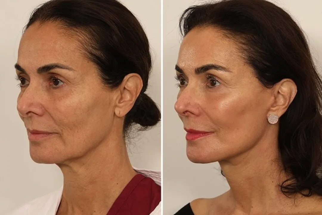 Before and after deep plane facelift — 65-year-old woman, three-quarter view, 5mo post-op by Dr. Andrew Timberlake