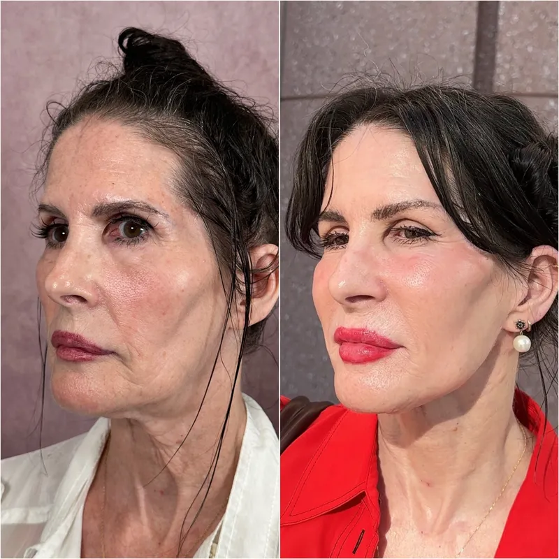 Before and after deep plane facelift — 55-year-old woman, three-quarter view, 3mo post-op by Dr. Compton Truesdale