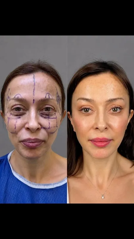 Before and after deep plane facelift, frontal view by Dr. Fatih Dağdelen