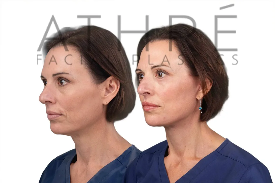 Before and after deep plane facelift — 48-year-old woman, oblique left view, 7mo post-op by Dr. Raghu Athre