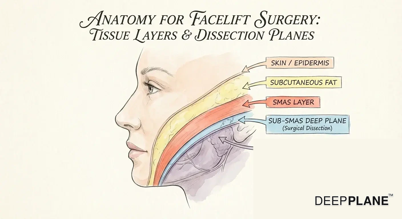 Medizinische Illustration der Gesichtsgewebeschichten, die Haut, Unterhautfett, SMAS-Schicht und die deep plane Dissektionsebene mit beschrifteten Haltebändern zeigt