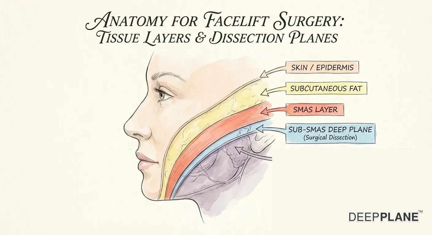 Medical illustration of facial tissue layers showing skin, subcutaneous fat, SMAS layer, and deep plane — highlighting the anatomical difference between where SMAS facelift and deep plane facelift operate