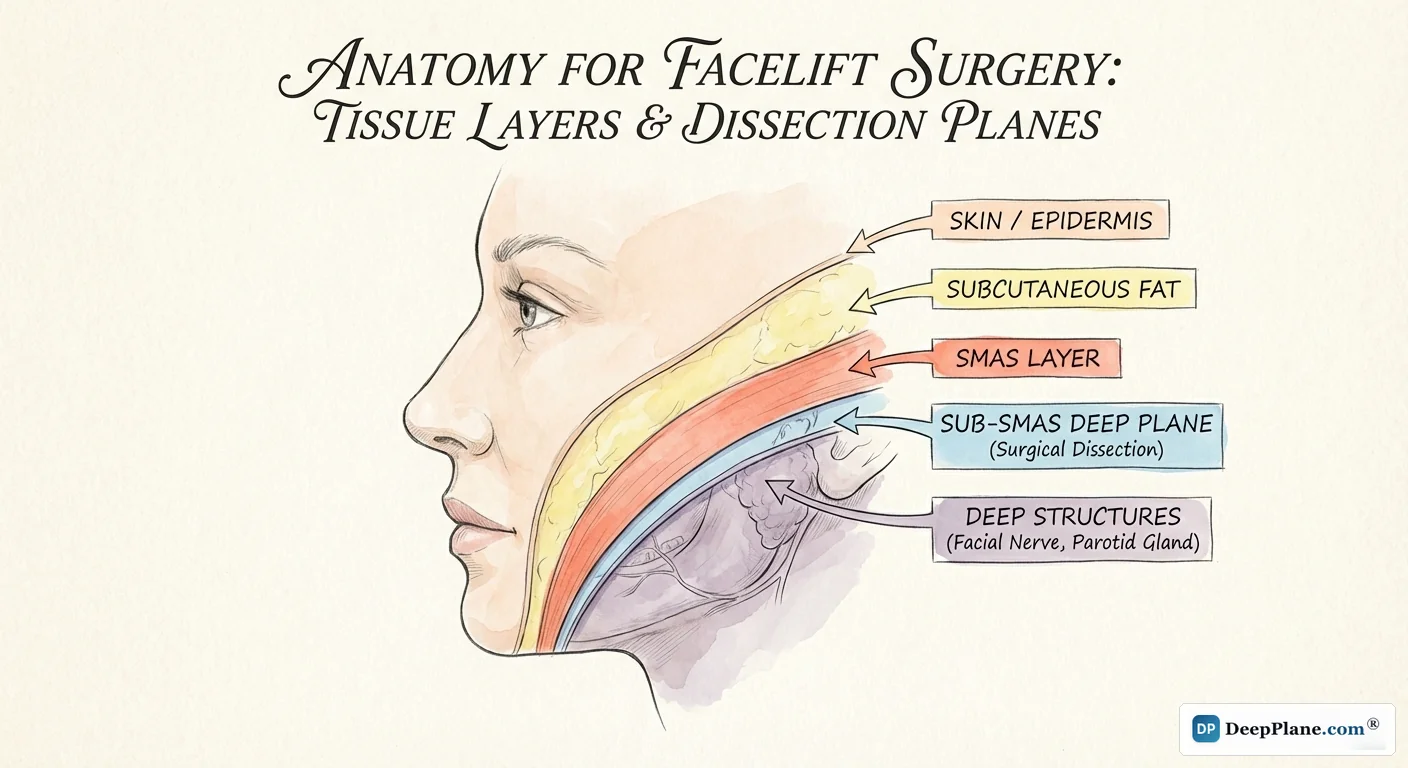Medical illustration of facial tissue layers showing skin, subcutaneous fat, SMAS layer, and deep plane dissection plane with retaining ligaments labeled