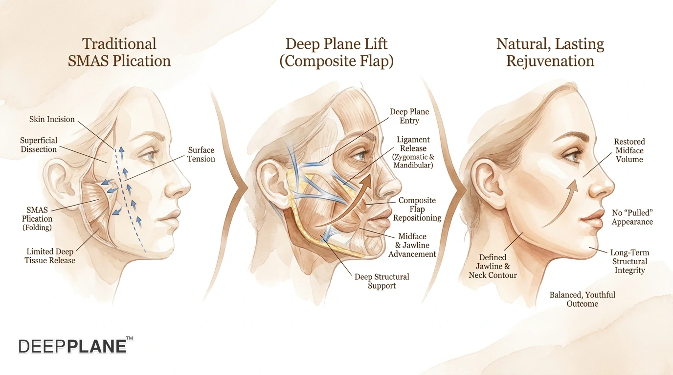 رسم توضيحي طبي من ثلاث لوحات يقارن شد الوجه بتقنية SMAS، وشد الوجه بالتقنية العميقة (deep plane facelift)، وشد الوجه المصغر جنبًا إلى جنب — يوضح عمق الجراحة، وطبقات الأنسجة التي يتم الوصول إليها، ومدى التشريح لكل تقنية