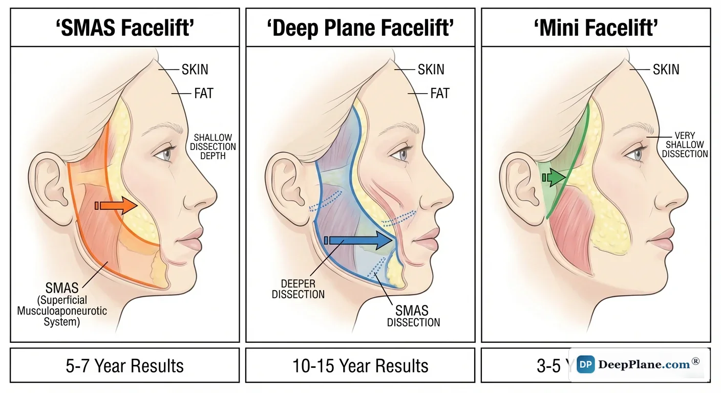 Three-panel medical illustration comparing SMAS facelift, deep plane facelift, and mini facelift side by side — showing surgical depth, tissue layers accessed, and extent of dissection for each technique