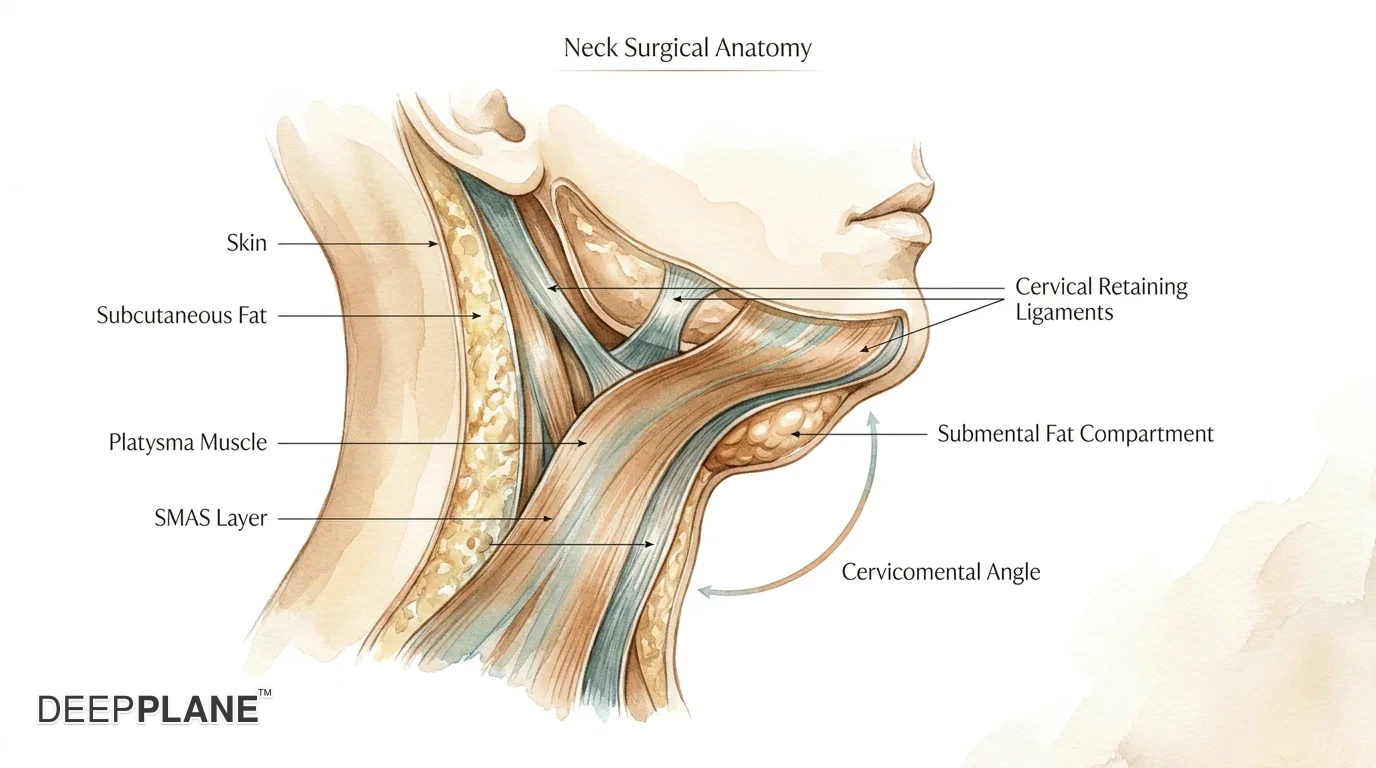 Detailed medical illustration of neck anatomy for deep plane neck lift surgery, showing the platysma muscle and the SMAS layer.