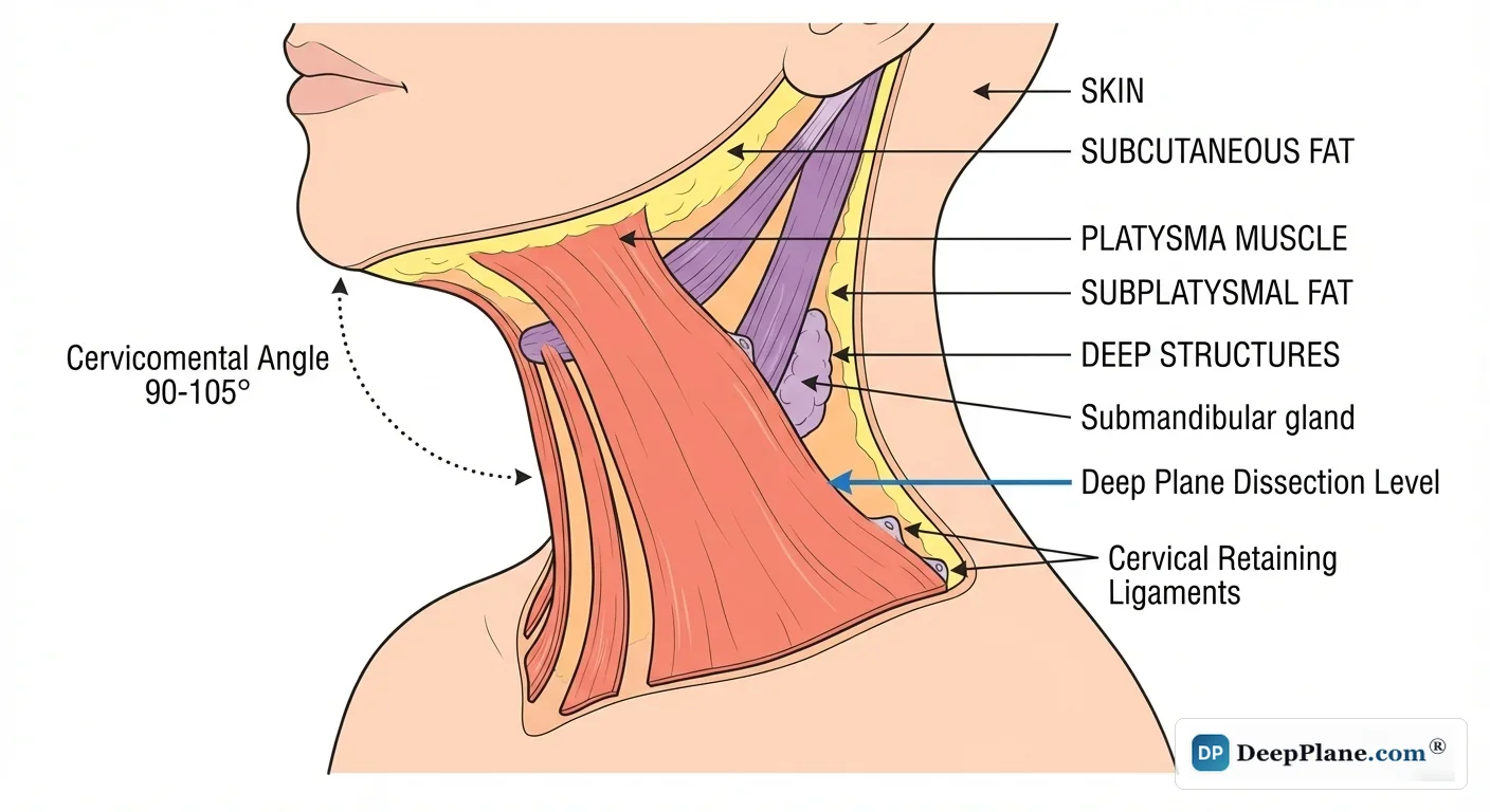 Detailed medical illustration of neck anatomy for deep plane neck lift surgery — showing platysma muscle, SMAS layer, cervicomental angle, cervical retaining ligaments, and submental fat compartment