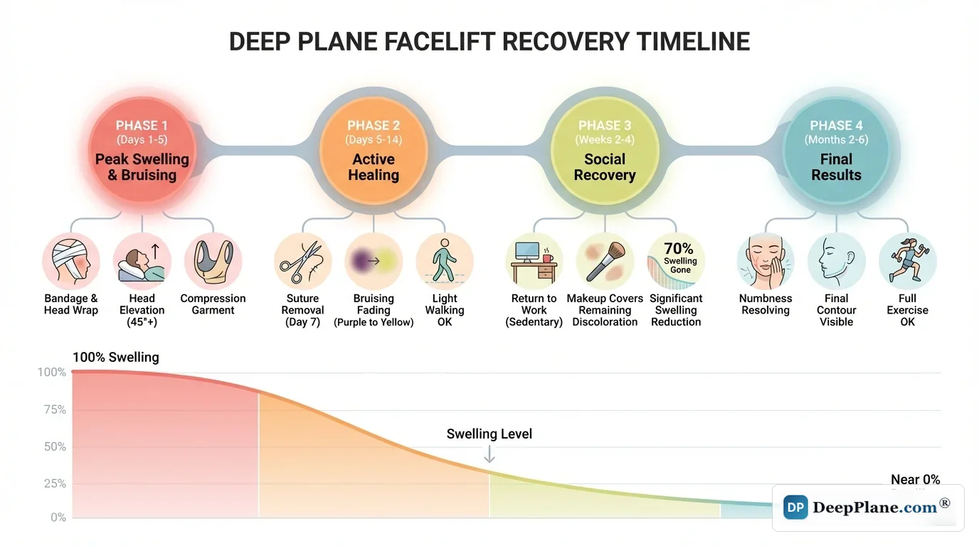 Deep plane facelift recovery timeline illustration showing healing progression week by week: Week 1 with swelling and bruising, Week 2 with reduced swelling, Week 4 nearly healed, Month 3 final natural result