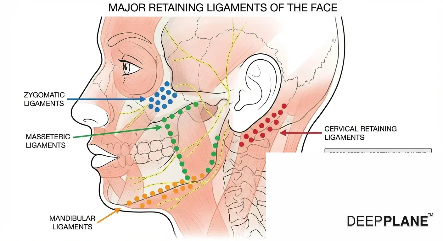Anatomische Illustration der Haltebänder des Gesichts – Jochbein-, Kaumuskel- und Unterkieferbänder – die zeigt, wie ihre chirurgische Lösung die deep plane Gewebeverlagerung ermöglicht