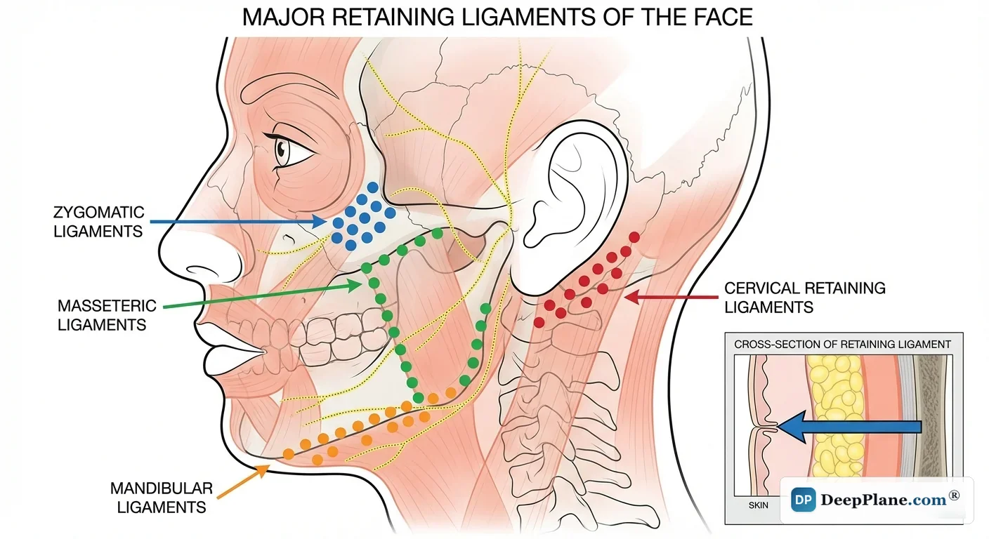 Anatomical illustration of facial retaining ligaments — zygomatic, masseteric, and mandibular ligaments — showing how their surgical release enables deep plane tissue repositioning