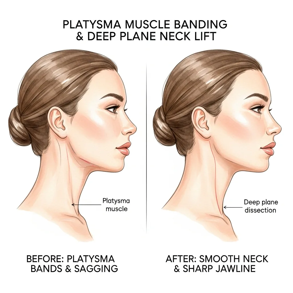 Platysma muscle banding before and after deep plane neck lift correction showing improved neck contour and jawline definition