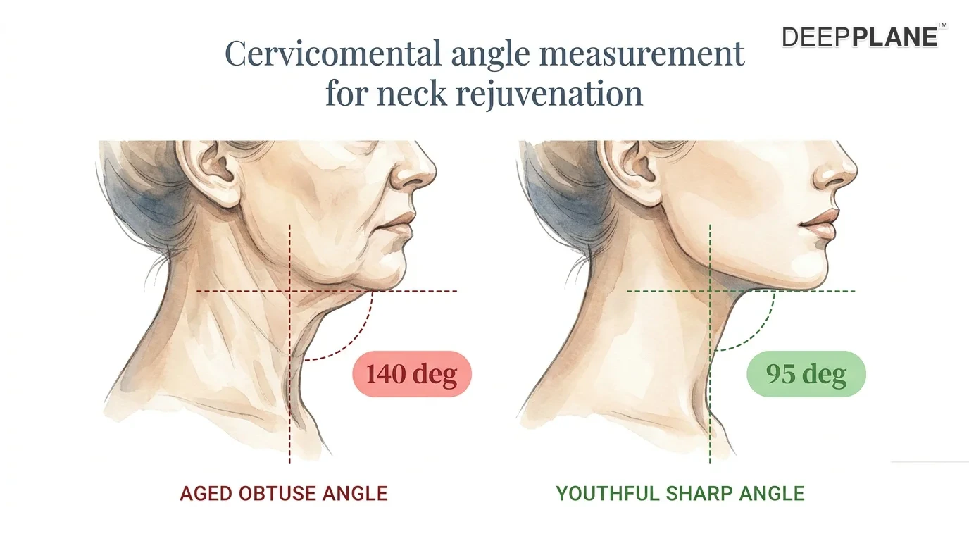 Cervicomental angle measurement comparing aged obtuse angle of 140 degrees versus ideal youthful angle of 90-105 degrees after neck lift