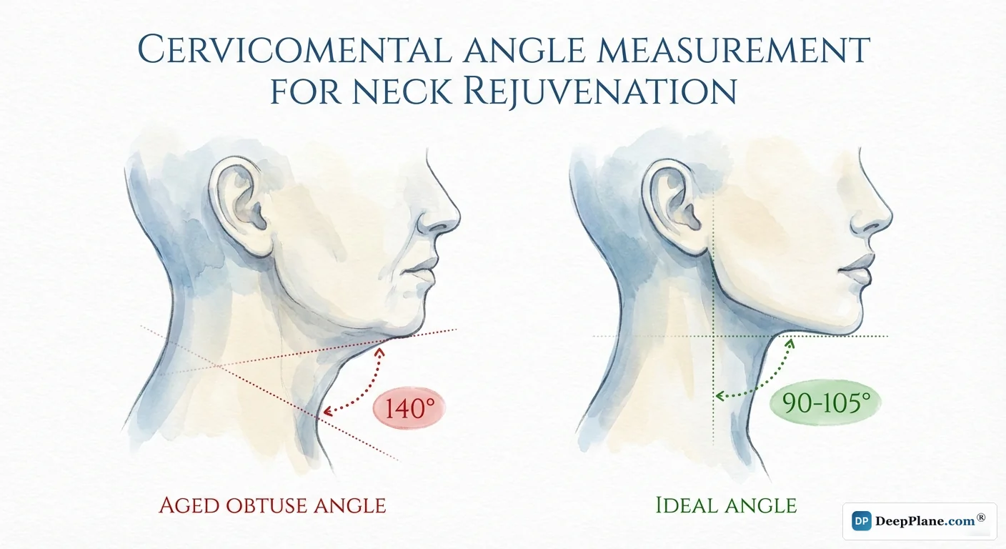Cervicomental angle measurement comparing aged obtuse angle of 140 degrees versus ideal youthful angle of 90-105 degrees after neck lift