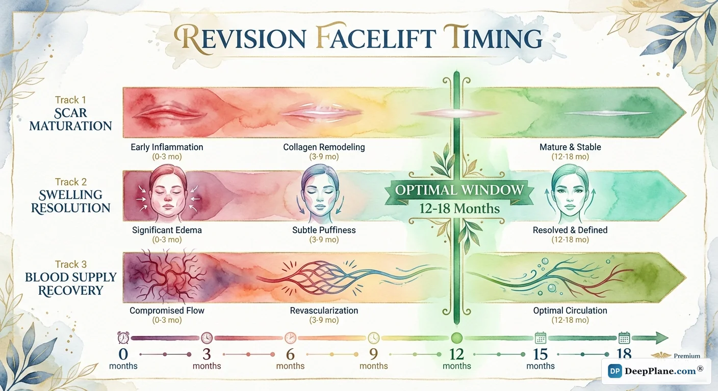 Revision facelift timing infographic showing optimal 12-18 month window when scar maturation, swelling resolution, and blood supply recovery all align
