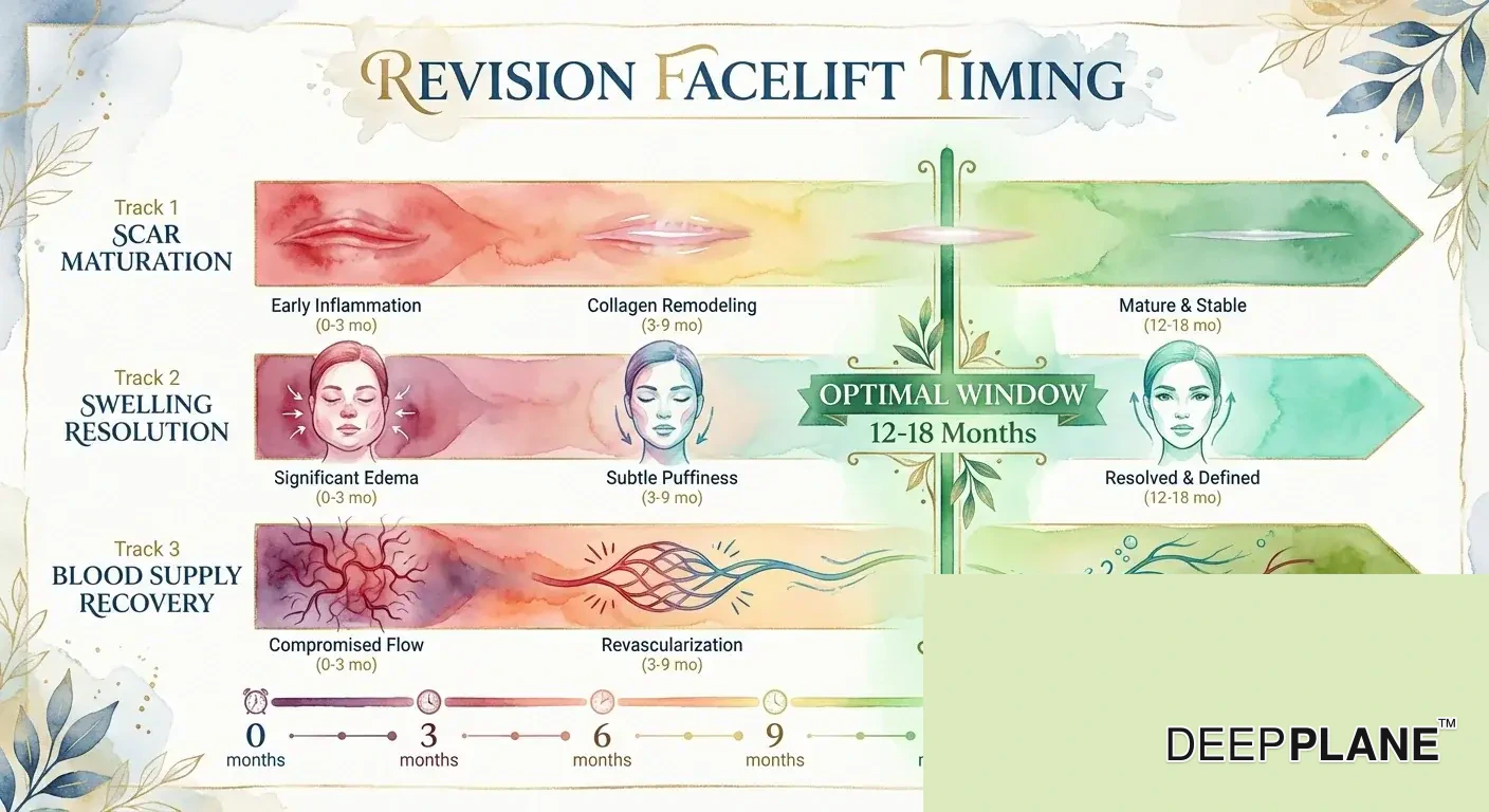 Revision facelift timing infographic showing optimal 12-18 month window when scar maturation, swelling resolution, and blood supply recovery all align