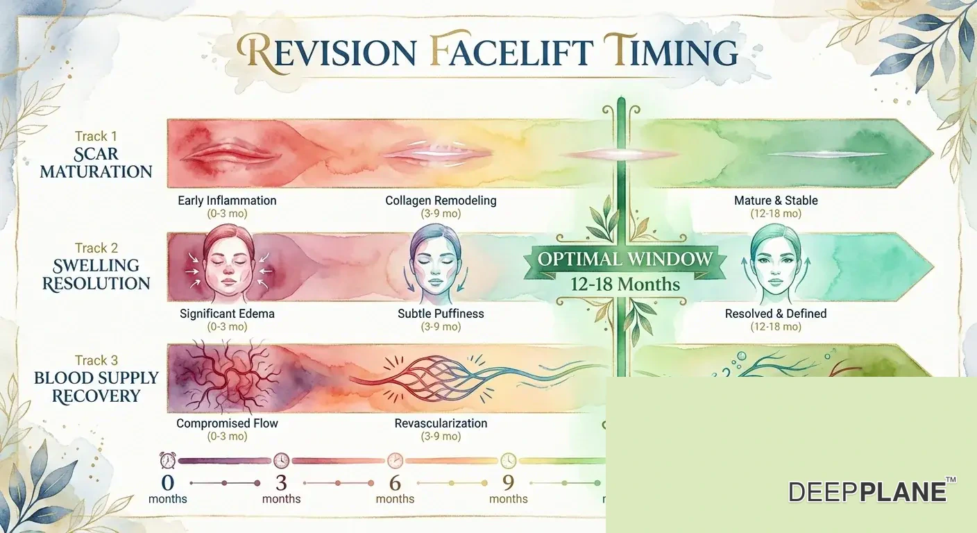 Revision facelift timing infographic showing optimal 12-18 month window when scar maturation, swelling resolution, and blood supply recovery all align