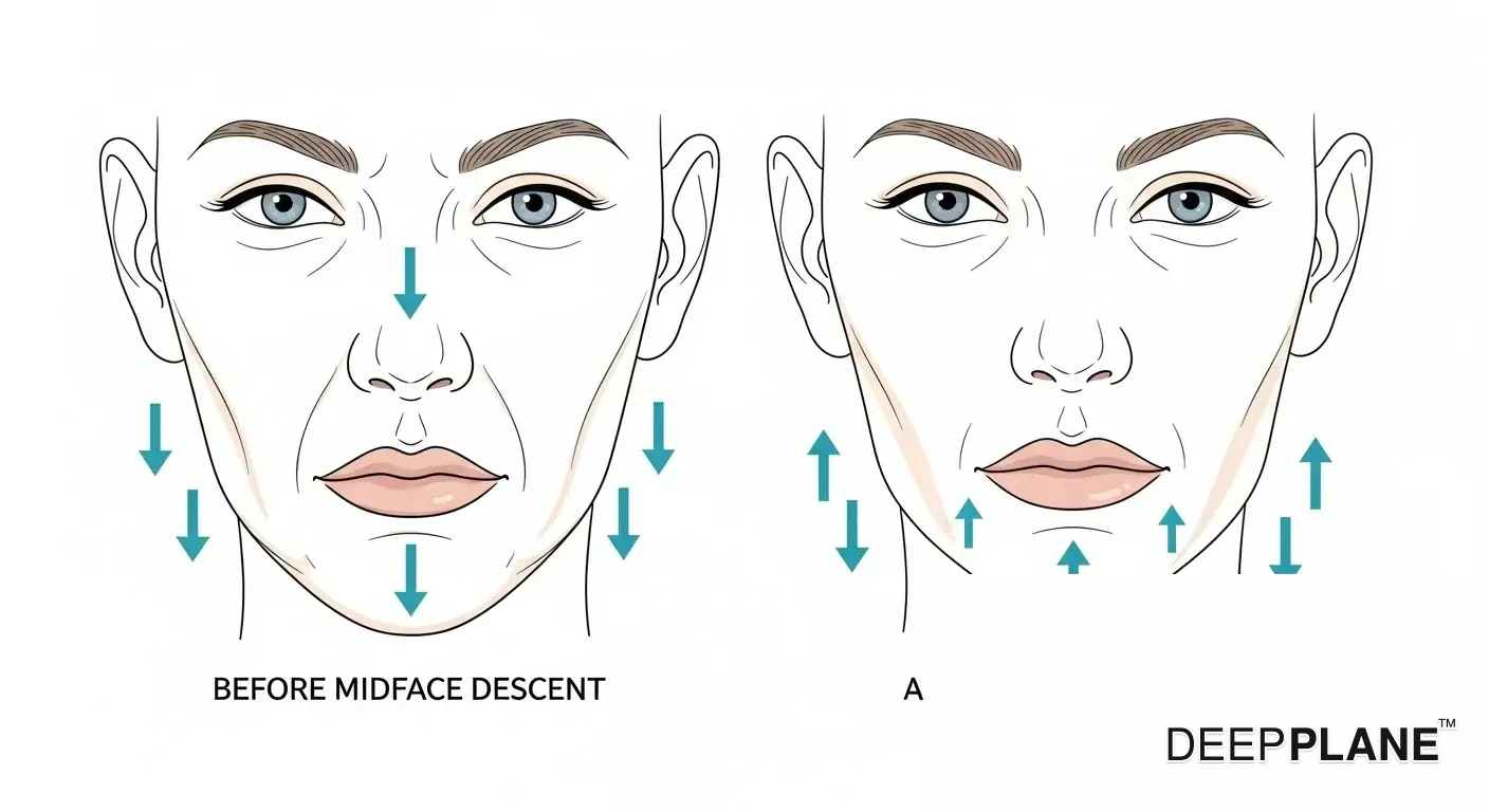 Korrektur der Nasolabialfalte, die vor der Mittelgesichtsabsenkung mit tiefen Falten und Hängebäckchen im Vergleich zu nach einem deep plane Facelift mit wiederhergestelltem Volumen und sauberer Kieferlinie zeigt