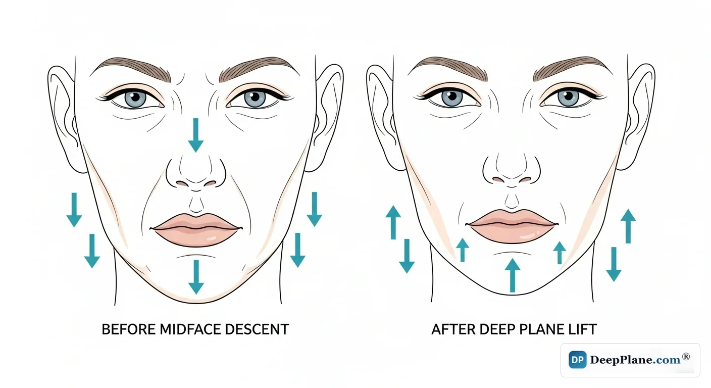 Nasolabial fold correction showing before midface descent with deep folds and jowls versus after deep plane facelift with restored volume and clean jawline