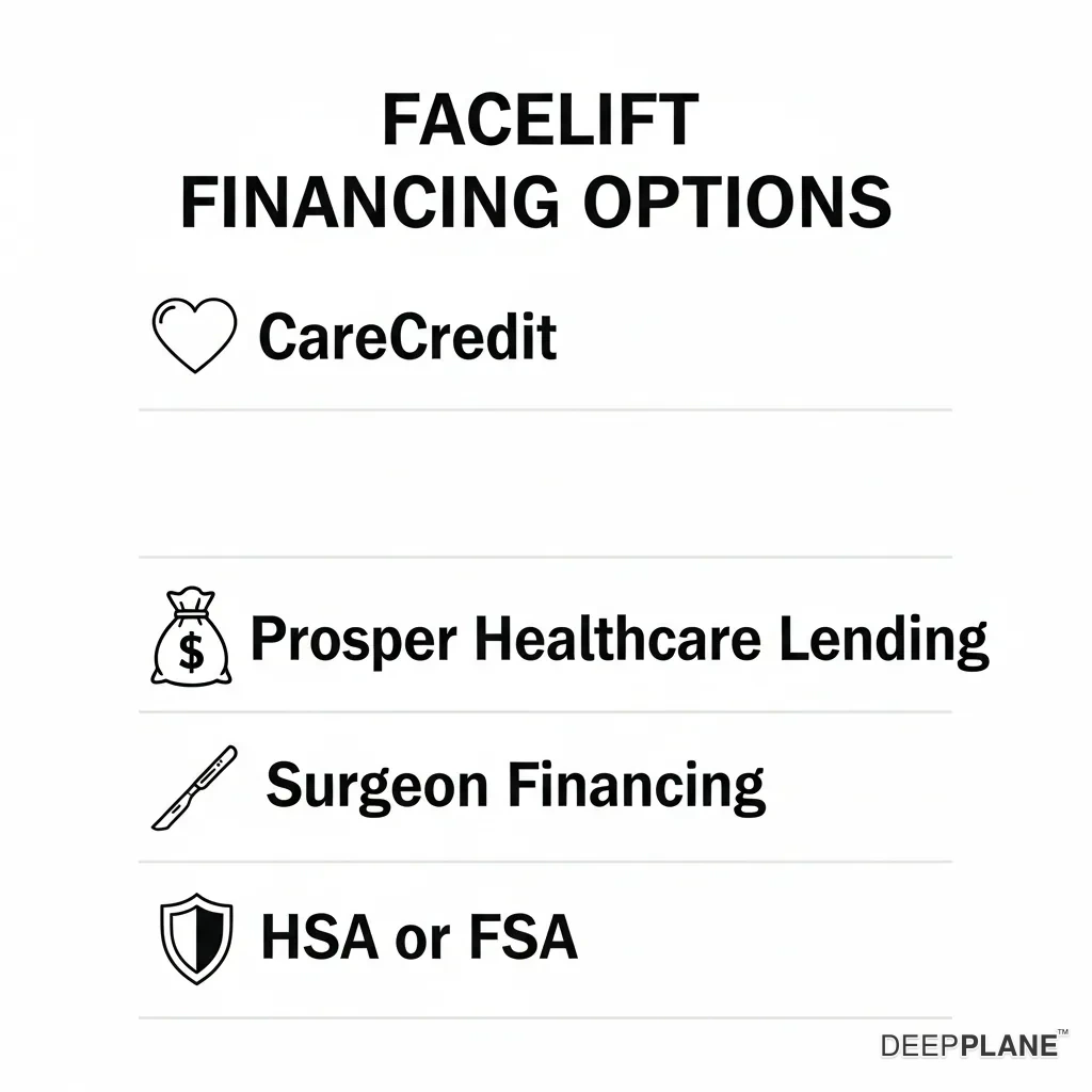 Facelift financing options compared — CareCredit, Prosper Healthcare Lending, and surgeon in-house payment plans.