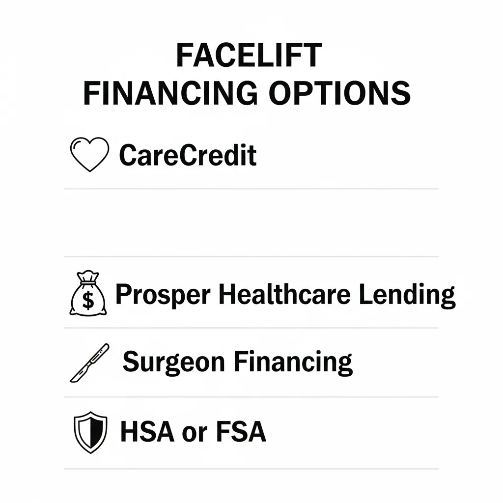 Facelift financing options comparison showing CareCredit, Prosper Healthcare Lending, surgeon financing plans, and HSA/FSA savings accounts with monthly payment breakdown