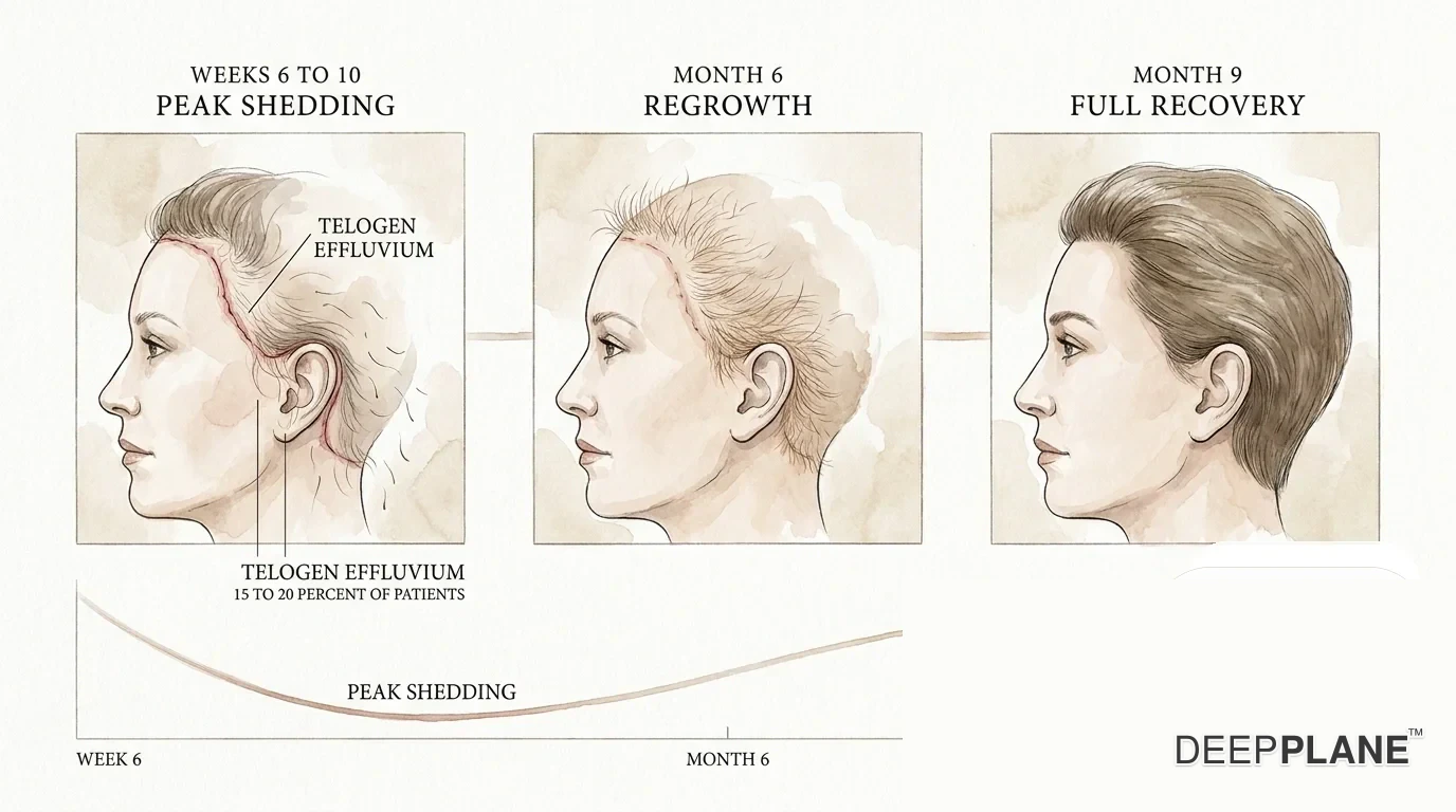 Temporary hair loss pattern after deep plane facelift: peak shedding at weeks 6-10 along temporal and post-auricular hairlines (telogen effluvium, 15-20 percent of patients), regrowth visible at month 6, full hairline density restored by month 9