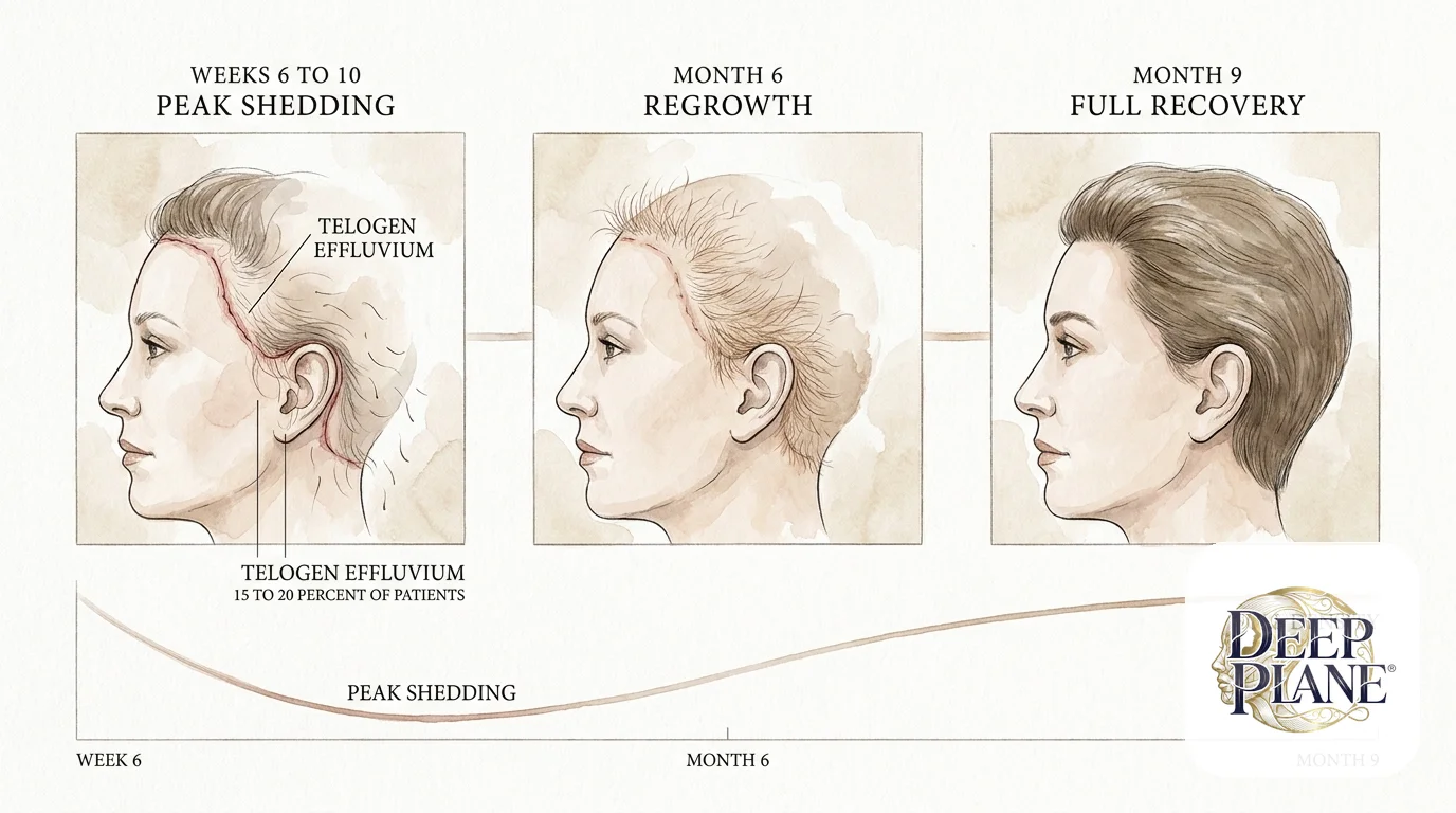 Temporary hair loss pattern after deep plane facelift: peak shedding at weeks 6-10 along temporal and post-auricular hairlines (telogen effluvium, 15-20 percent of patients), regrowth visible at month 6, full hairline density restored by month 9