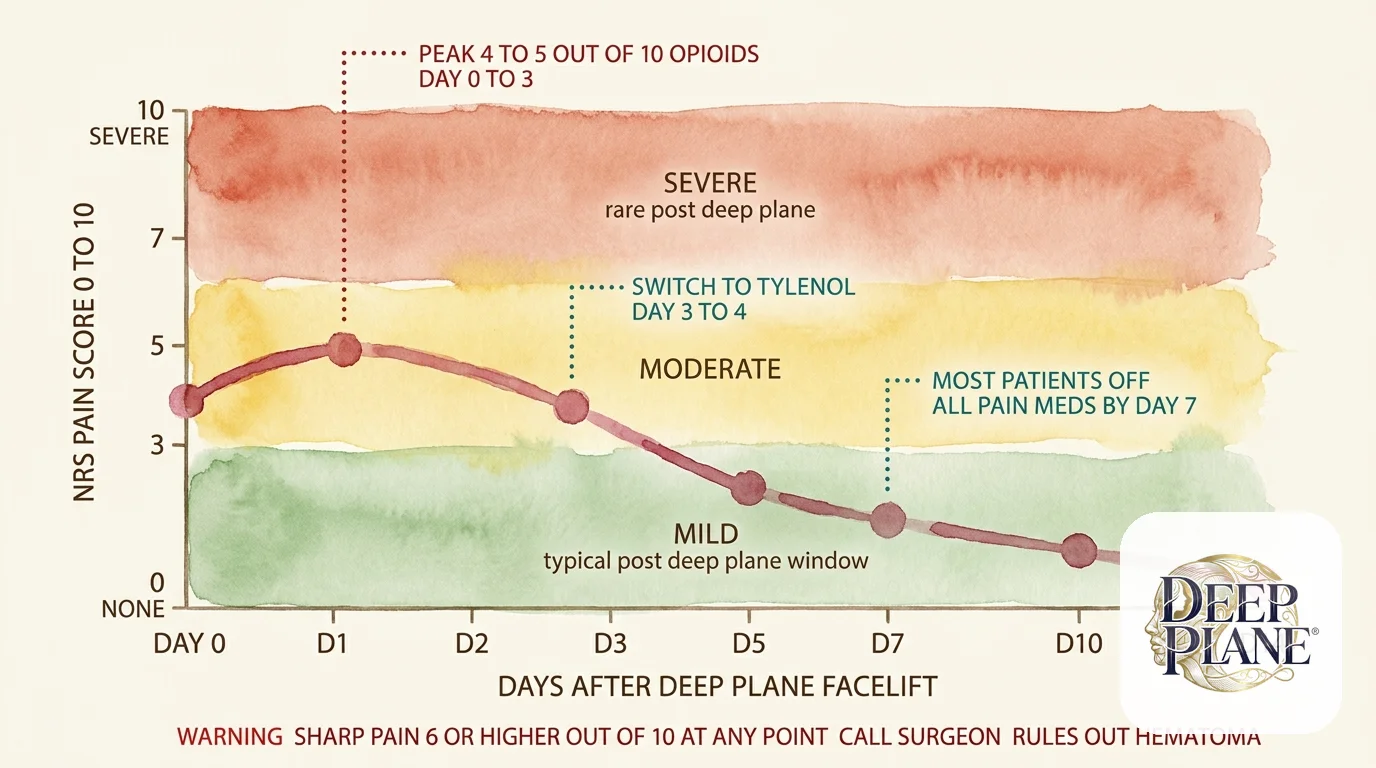 Typical pain trajectory after deep plane facelift on a 0-10 NRS scale across days 0-14: peak at 4-5/10 on day 0-1 with opioids, switch to Tylenol day 3-4, most patients off all pain medication by day 7, near-zero by day 14; warning: sharp pain 6 or higher at any point requires surgeon call to rule out hematoma