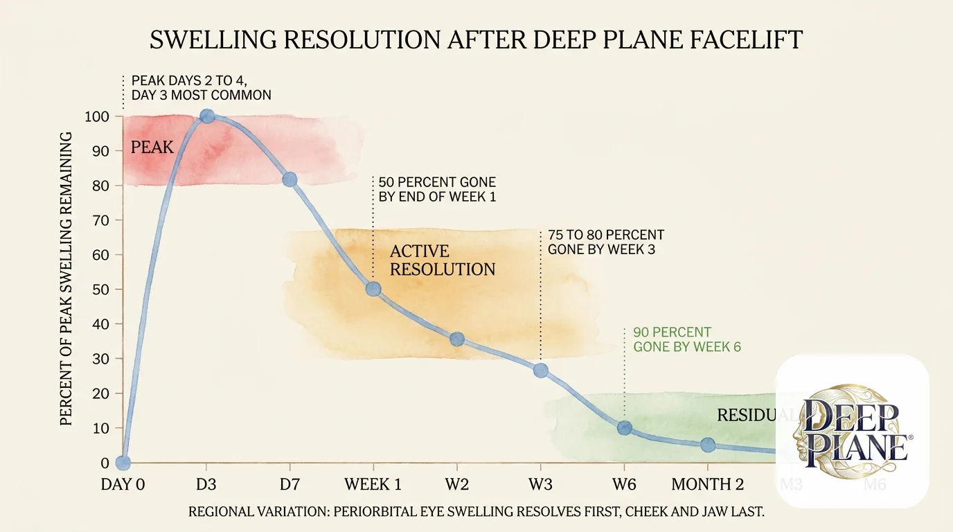 Swelling resolution curve after deep plane facelift: 100% peak at day 3, 50% remaining by end of week 1, 25-30% by end of week 3, 10% by week 6, 5% by month 2, 3% by month 3, 1% by month 6; periorbital eye swelling resolves first, cheek and jaw last
