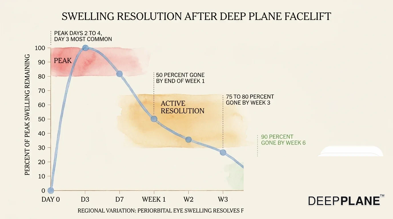 Deep plane yüz germe sonrası şişlik çözülme eğrisi: 3. günde %100 zirve, 1. hafta sonunda %50 kalır, 3. hafta sonunda %25-30, 6. haftada %10, 2. ayda %5, 3. ayda %3, 6. ayda %1; göz çevresi şişliği önce, yanak ve çene en son düzelir