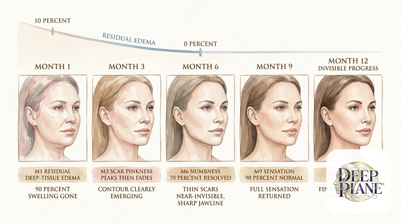 12-month contour settling timeline after deep plane facelift: Month 1 residual deep-tissue edema 10 percent, Month 3 scar pinkness peaks then fades, Month 6 thin scars near-invisible with numbness 70 percent resolved, Month 9 sensation 90 percent normal, Month 12 stable final result lasting 10 to 15 years