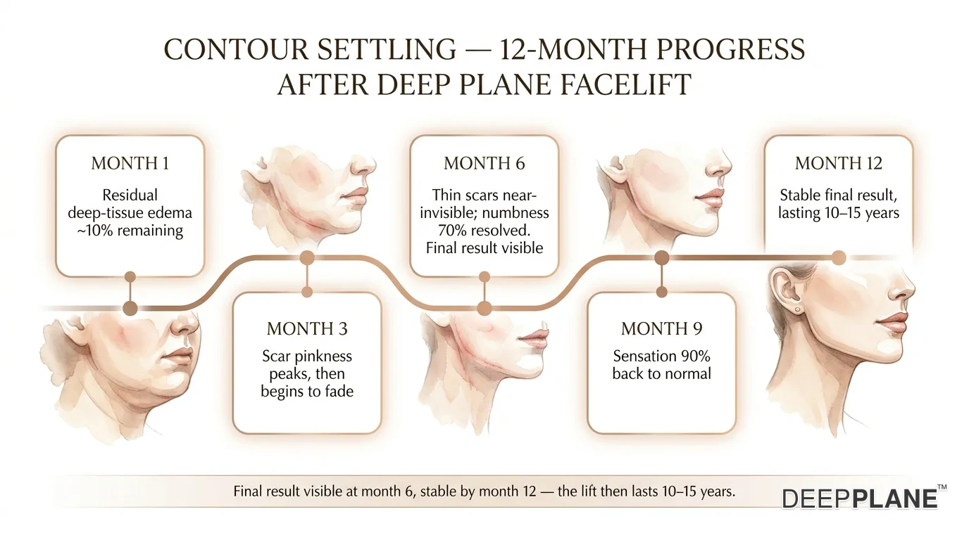 الجدول الزمني لاستقرار الملامح لمدة 12 شهرًا بعد deep plane facelift: الشهر الأول وذمة الأنسجة العميقة المتبقية 10 بالمائة، الشهر الثالث ذروة احمرار الندبة ثم تتلاشى، الشهر السادس ندبات رفيعة شبه غير مرئية مع زوال التنميل بنسبة 70 بالمائة، الشهر التاسع الإحساس طبيعي بنسبة 90 بالمائة، الشهر الثاني عشر نتيجة نهائية مستقرة تدوم من 10 إلى 15 عامًا