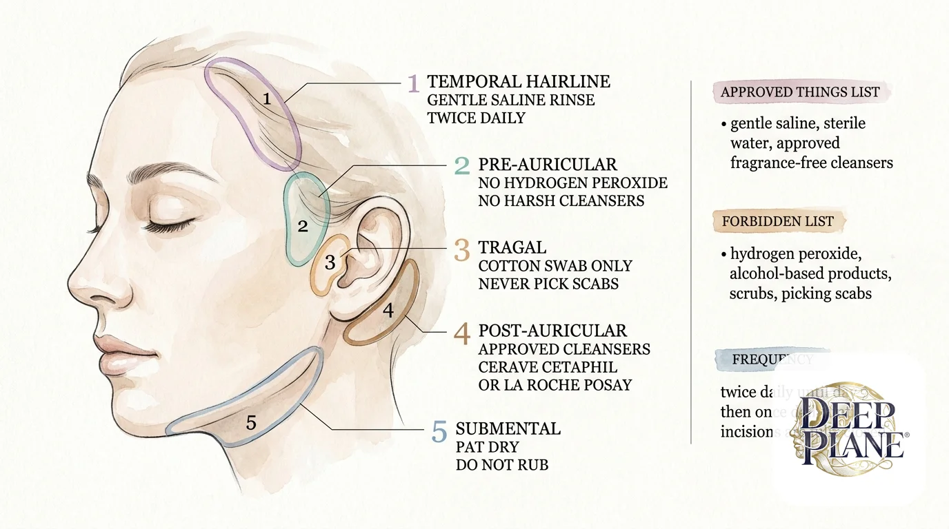 Wound care zones across five deep plane facelift incision sites with cleansing rules: temporal hairline gentle saline rinse twice daily, pre-auricular no hydrogen peroxide no harsh cleansers, tragal cotton swab only never pick scabs, post-auricular approved cleansers CeraVe Cetaphil or La Roche-Posay, submental pat dry do not rub; frequency twice daily until day 7 then once daily until incisions fully closed