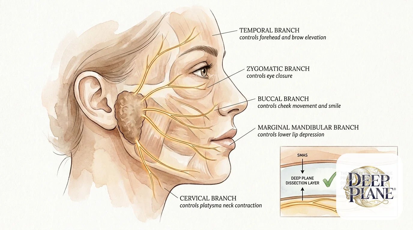 Five branches of the facial nerve (CN VII) relevant to deep plane facelift: temporal branch controls forehead and brow elevation, zygomatic branch controls eye closure, buccal branch controls cheek movement and smile, marginal mandibular branch controls lower lip depression, cervical branch controls platysma neck contraction; deep plane dissection layer sits beneath SMAS and above these nerve branches in the safe avascular plane