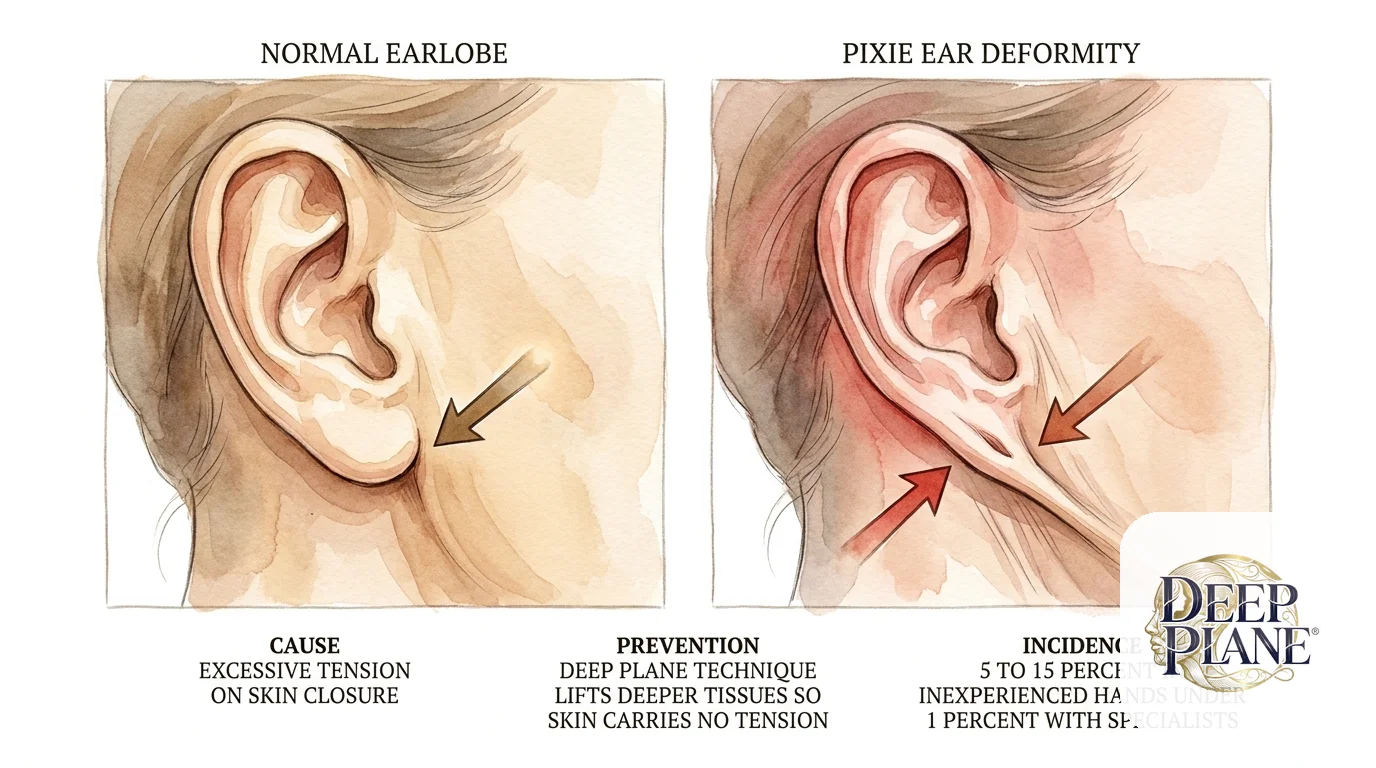 Pixie ear deformity comparison after facelift: normal earlobe hangs freely from the side of the head with natural ear-cheek angle on the left; pixie ear deformity on the right shows the earlobe pulled down and forward by tension on cheek skin, attached at an unnatural elongated angle pointing toward the jaw; cause is excessive tension on skin closure; prevention is the deep plane technique lifting deeper tissues so skin carries no tension; incidence 5 to 15 percent in inexperienced hands, under 1 percent with specialists
