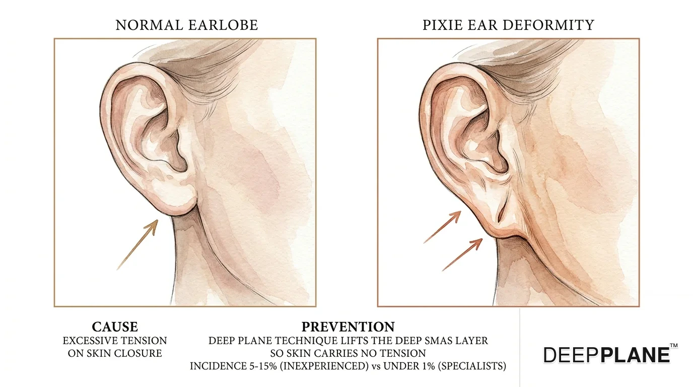 Pixie ear deformity comparison after facelift: normal earlobe hangs freely from the side of the head with natural ear-cheek angle on the left; pixie ear deformity on the right shows the earlobe pulled down and forward by tension on cheek skin, attached at an unnatural elongated angle pointing toward the jaw; cause is excessive tension on skin closure; prevention is the deep plane technique lifting deeper tissues so skin carries no tension; incidence 5 to 15 percent in inexperienced hands, under 1 percent with specialists