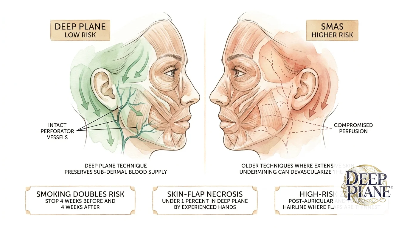 Skin necrosis risk zones after facelift: deep plane low-risk side preserves sub-dermal blood supply with intact perforator vessels nourishing the skin; SMAS higher-risk side shows extensive skin undermining that can devascularize the flap; smoking doubles risk so stop 4 weeks before and 4 weeks after; skin-flap necrosis under 1 percent in deep plane by experienced hands; high-risk zones are post-auricular and temporal hairline where flaps are thinnest