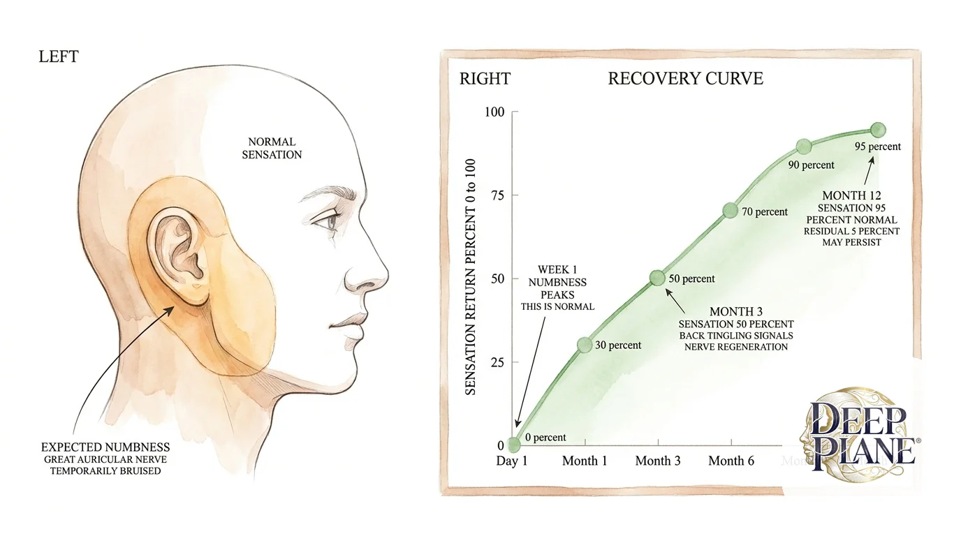 Numbness recovery after deep plane facelift: lateral face map shows the pre-auricular cheek and earlobe area tinted in amber as expected numbness from the great auricular nerve being temporarily bruised; forehead and central face have normal sensation; recovery curve shows sensation returning from 0 percent on day 1, 30 percent at month 1, 50 percent at month 3 with tingling signaling nerve regeneration, 70 percent at month 6, 90 percent at month 9, 95 percent at month 12 with residual 5 percent that may persist