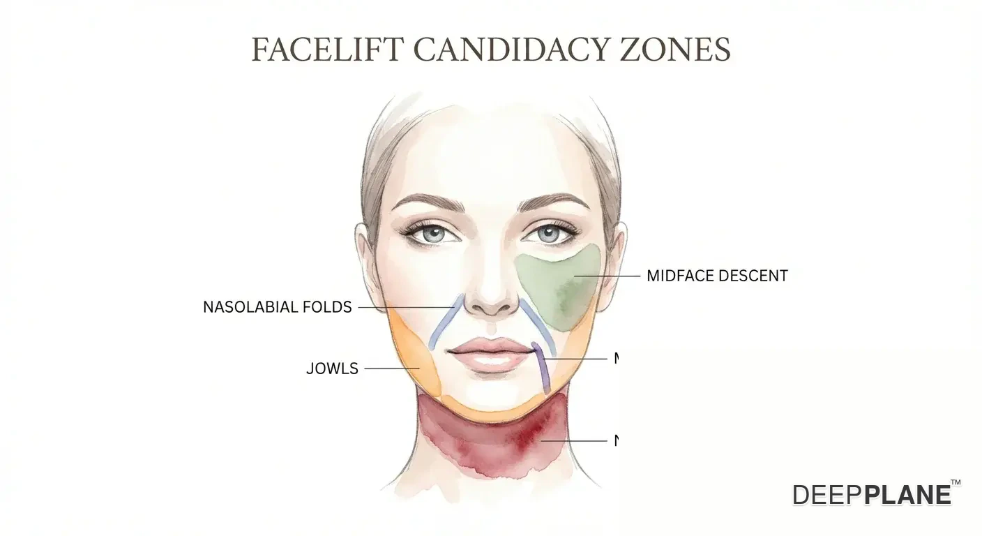 Facelift candidacy assessment face map showing five facial aging zones: jowls, nasolabial folds, midface descent, neck laxity, and marionette lines with mild to severe grading scale