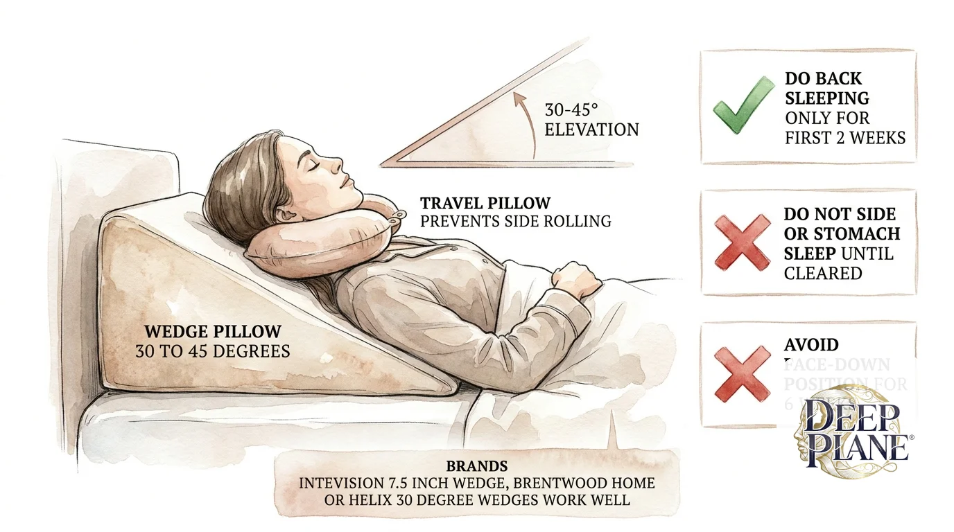 Sleep ergonomics during the first two weeks after deep plane facelift: lateral view of a person resting with head and upper back elevated at 30 to 45 degrees on a wedge pillow with a horseshoe travel pillow around the neck preventing side rolling; do back sleeping only for first 2 weeks; do not side or stomach sleep until cleared; avoid face-down for 6 weeks; recommended brands InteVision 7.5-inch wedge, Brentwood Home, or Helix 30-degree wedges