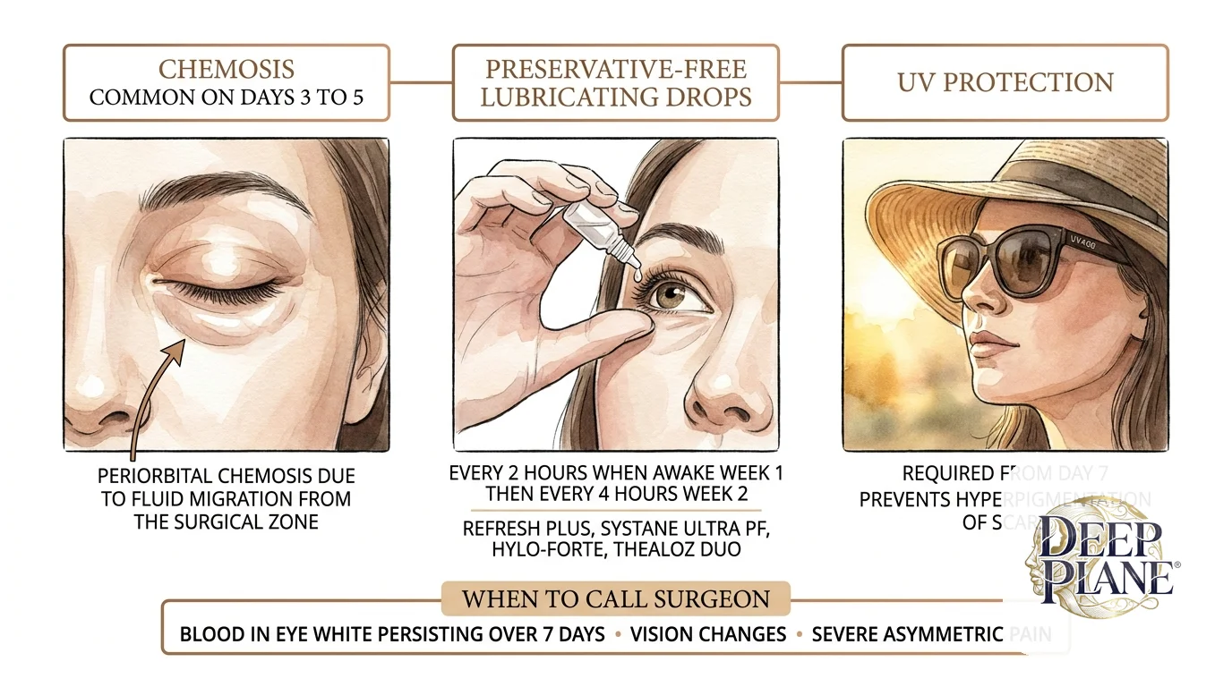 Post-op eye care after deep plane facelift week 1: chemosis common on days 3 to 5 with periorbital fluid migration from the surgical zone; preservative-free lubricating drops every 2 hours when awake week 1 then every 4 hours week 2 (Refresh Plus, Systane Ultra PF, Hylo-Forte, Thealoz Duo); UV protection wide-brim hat and UV400 sunglasses required from day 7 to prevent scar hyperpigmentation; call surgeon for blood in eye white over 7 days, vision changes, severe asymmetric pain