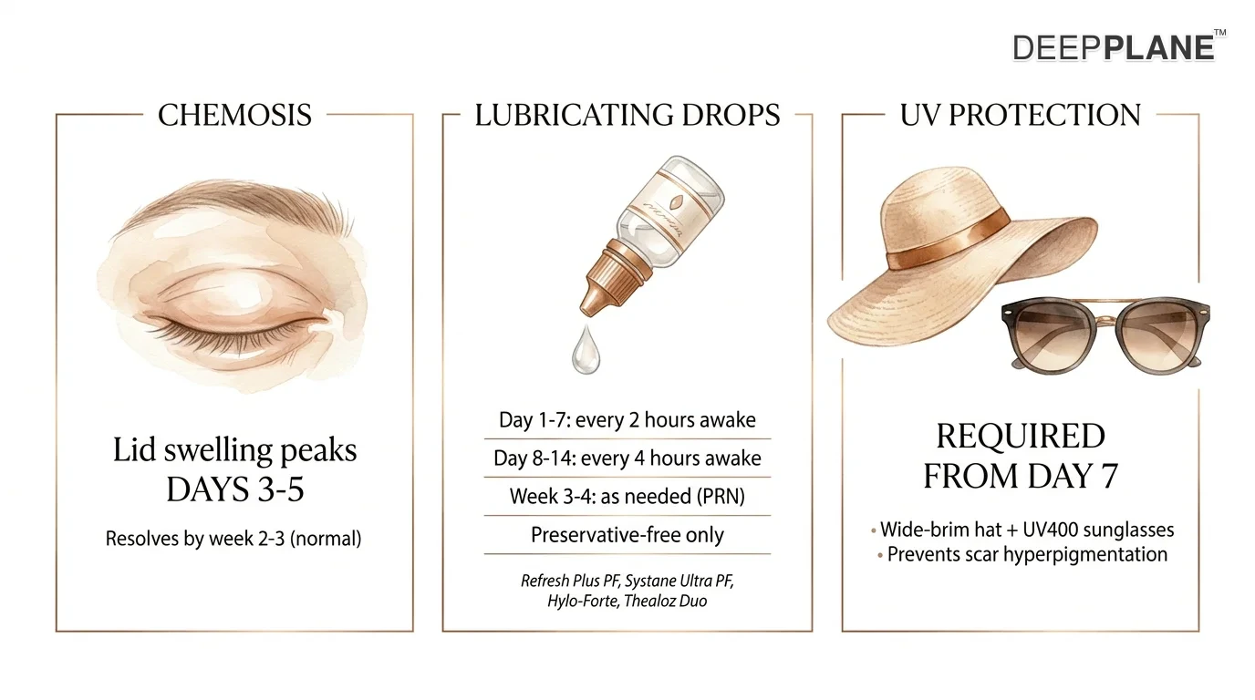 Post-op eye care after deep plane facelift week 1: chemosis common on days 3 to 5 with periorbital fluid migration from the surgical zone; preservative-free lubricating drops every 2 hours when awake week 1 then every 4 hours week 2 (Refresh Plus, Systane Ultra PF, Hylo-Forte, Thealoz Duo); UV protection wide-brim hat and UV400 sunglasses required from day 7 to prevent scar hyperpigmentation; call surgeon for blood in eye white over 7 days, vision changes, severe asymmetric pain