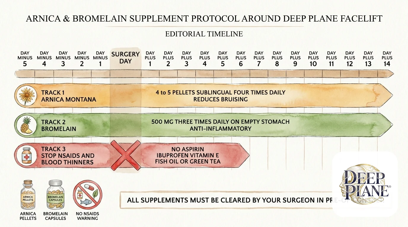 Peri-operative supplement protocol around deep plane facelift: arnica montana 4-5 pellets sublingual four times daily from day minus 5 to day plus 14 to reduce bruising; bromelain 500 mg three times daily on empty stomach from day minus 5 to day plus 14 anti-inflammatory; stop NSAIDs and blood thinners from day minus 14 to day plus 7 (no aspirin, ibuprofen, vitamin E, fish oil, green tea); all supplements must be cleared by your surgeon in pre-op consult