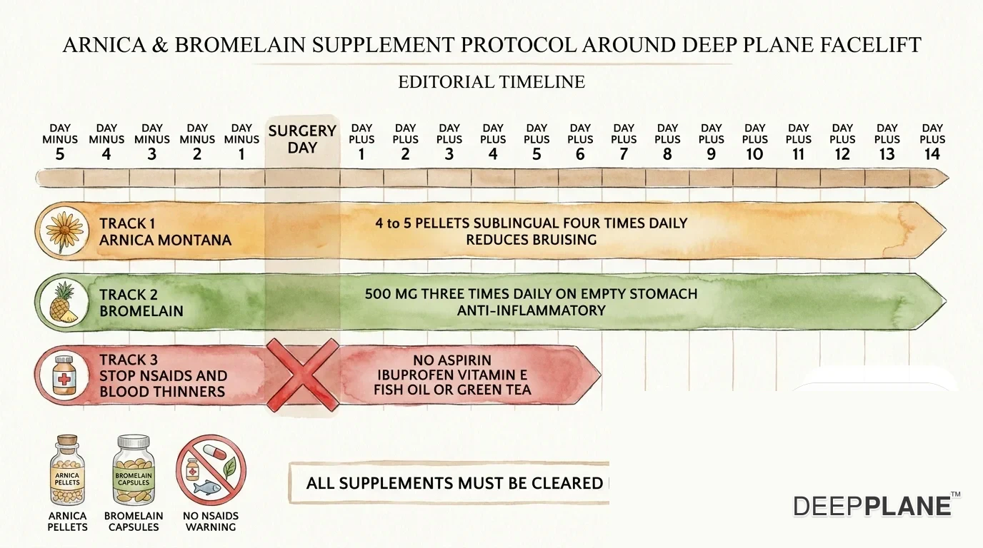 Peri-operative supplement protocol around deep plane facelift: arnica montana 4-5 pellets sublingual four times daily from day minus 5 to day plus 14 to reduce bruising; bromelain 500 mg three times daily on empty stomach from day minus 5 to day plus 14 anti-inflammatory; stop NSAIDs and blood thinners from day minus 14 to day plus 7 (no aspirin, ibuprofen, vitamin E, fish oil, green tea); all supplements must be cleared by your surgeon in pre-op consult