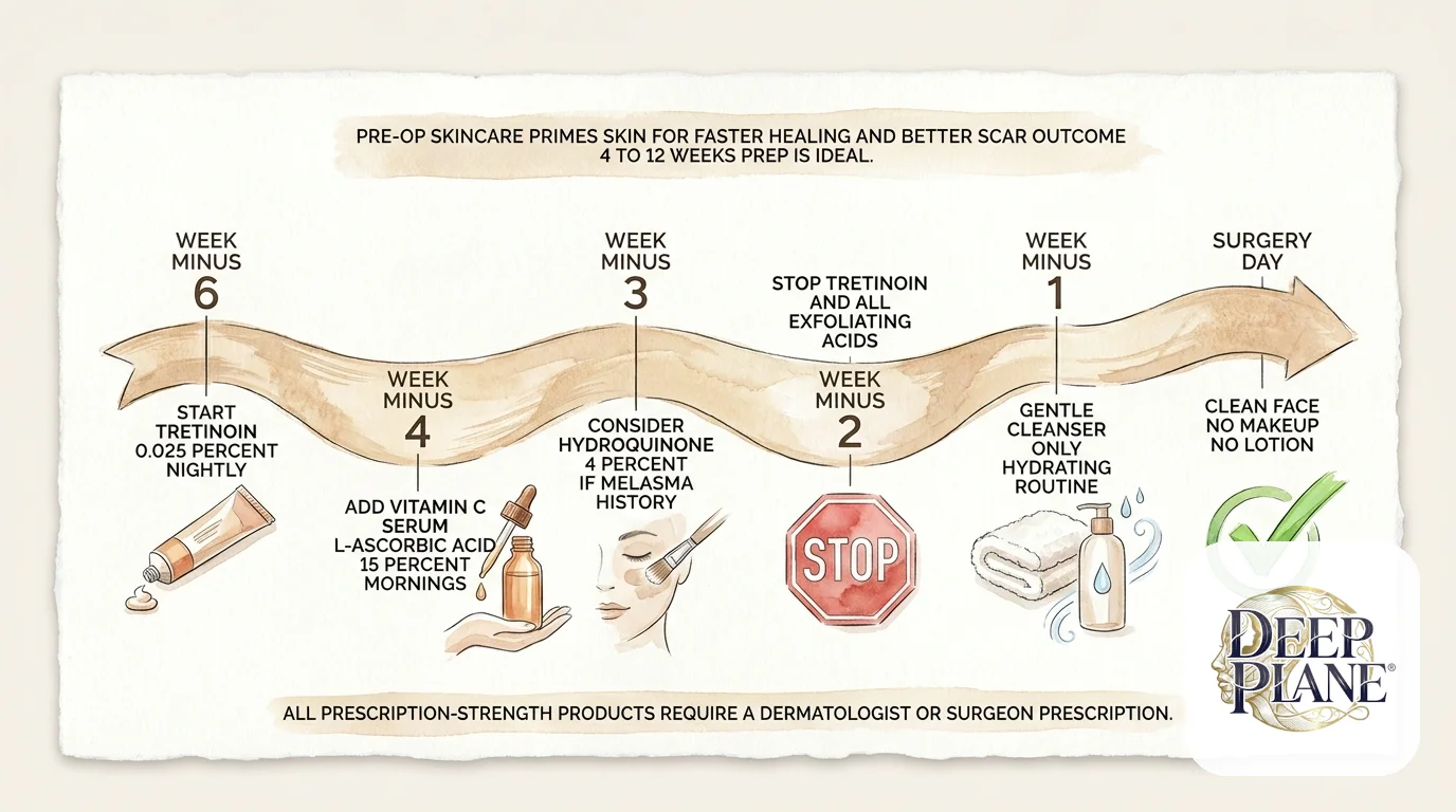 Pre-op skincare timeline 6 weeks before deep plane facelift: week -6 start tretinoin 0.025 percent nightly; week -4 add vitamin C serum L-ascorbic acid 15 percent mornings; week -3 consider hydroquinone 4 percent if melasma history; week -2 stop tretinoin and all exfoliating acids; week -1 gentle cleanser only hydrating routine; surgery day clean face no makeup no lotion; pre-op skincare primes skin for faster healing and better scar outcome; all prescription-strength products require dermatologist or surgeon prescription