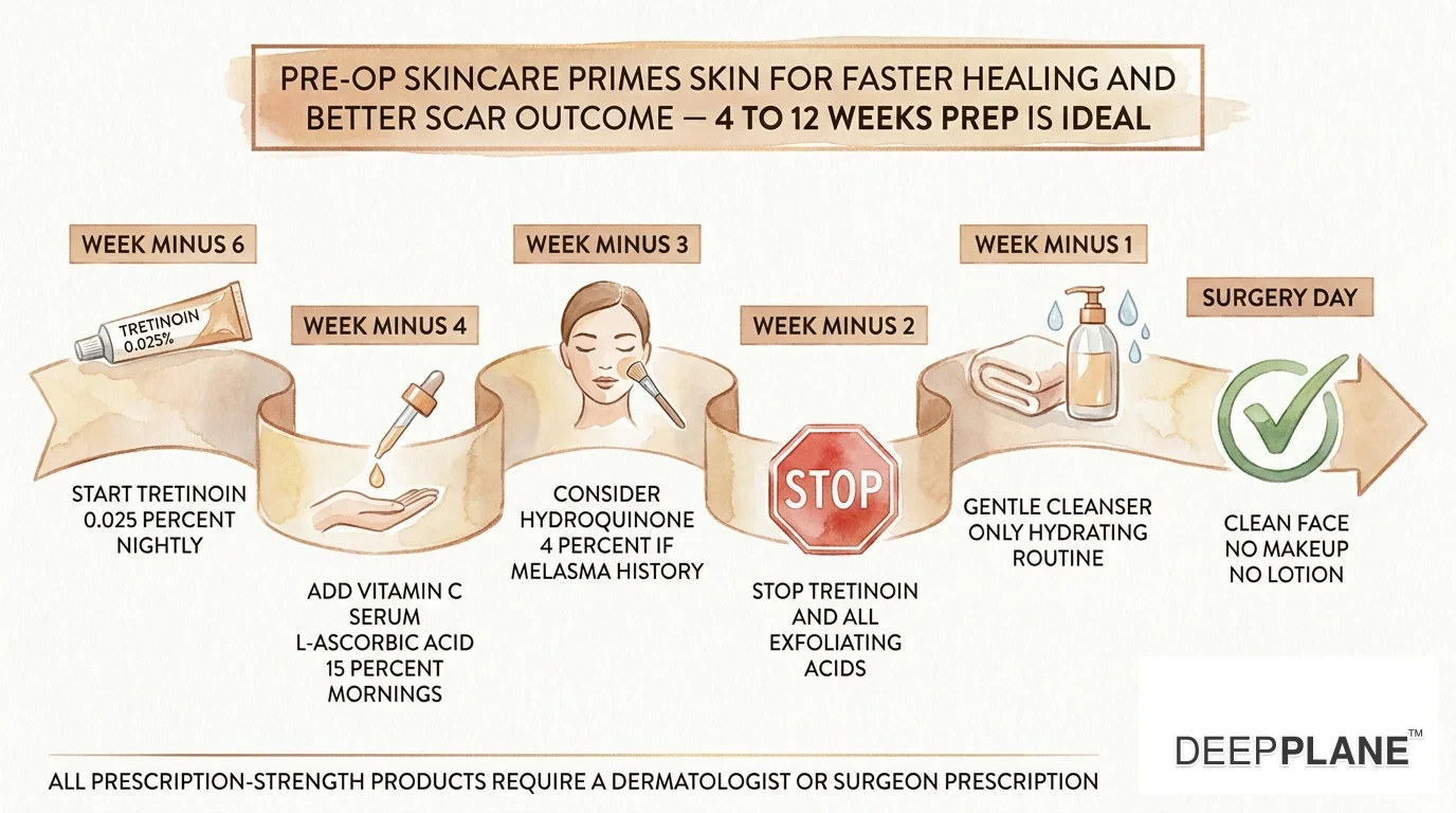 Pre-op skincare timeline 6 weeks before deep plane facelift: week -6 start tretinoin 0.025 percent nightly; week -4 add vitamin C serum L-ascorbic acid 15 percent mornings; week -3 consider hydroquinone 4 percent if melasma history; week -2 stop tretinoin and all exfoliating acids; week -1 gentle cleanser only hydrating routine; surgery day clean face no makeup no lotion; pre-op skincare primes skin for faster healing and better scar outcome; all prescription-strength products require dermatologist or surgeon prescription