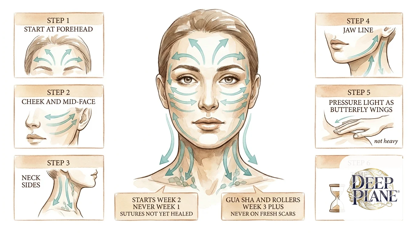 Self manual lymphatic drainage technique after deep plane facelift week 2 onward: front-view face with directional arrows showing lymphatic flow toward cervical and supraclavicular lymph nodes; step 1 start at forehead, step 2 cheek and mid-face flowing toward the ear, step 3 neck sides flowing downward toward the collarbone, step 4 jaw line flowing toward the ear and down the neck, step 5 pressure light as butterfly wings not heavy, step 6 time 5 minutes twice daily; starts week 2 never week 1 sutures not yet healed; gua sha and rollers week 3 plus never on fresh scars
