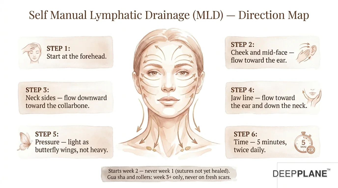تقنية التصريف اللمفاوي اليدوي الذاتي بعد شد الوجه بالطبقة العميقة (deep plane facelift) من الأسبوع الثاني فصاعدًا: وجه أمامي مع أسهم اتجاهية تظهر تدفق اللمف نحو العقد اللمفاوية العنقية وفوق الترقوة؛ الخطوة 1 تبدأ من الجبهة، الخطوة 2 الخد ومنتصف الوجه يتدفق نحو الأذن، الخطوة 3 جانبي الرقبة يتدفقان للأسفل نحو عظم الترقوة، الخطوة 4 خط الفك يتدفق نحو الأذن ثم أسفل الرقبة، الخطوة 5 الضغط خفيف كأجنحة الفراشة وليس ثقيلًا، الخطوة 6 الوقت 5 دقائق مرتين يوميًا؛ يبدأ من الأسبوع الثاني وليس الأسبوع الأول حيث لم تلتئم الغرز بعد؛ الغوا شا والبكرات من الأسبوع الثالث فصاعدًا ولا تستخدم أبدًا على الندوب الطازجة