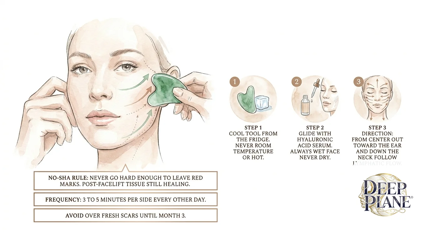 Gua sha technique for tool-assisted manual lymphatic drainage starting week 3 after deep plane facelift: hand holding a jade gua sha tool gliding along the cheek and jawline; step 1 cool tool from the fridge never room temperature or hot; step 2 glide with hyaluronic acid serum always wet face never dry; step 3 direction from center out toward the ear and down the neck following lymphatic flow; no-sha rule never go hard enough to leave red marks post-facelift tissue still healing; frequency 3 to 5 minutes per side every other day; avoid over fresh scars until month 3