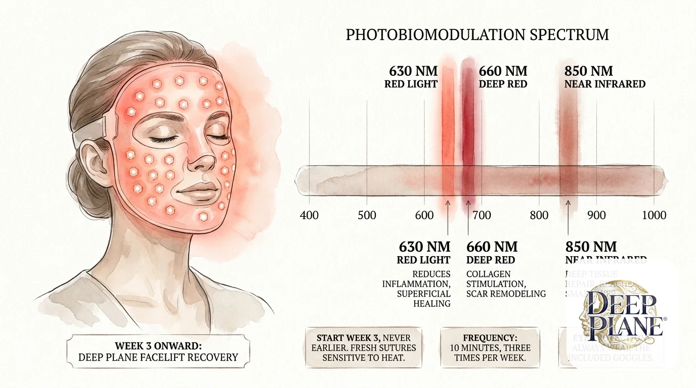 Red-light LED photobiomodulation therapy after deep plane facelift week 3 onward: woman wearing a red-light LED face mask with hexagonal LED dots glowing soft red; wavelength spectrum chart showing 630 nm red light reduces inflammation superficial healing, 660 nm deep red collagen stimulation scar remodeling, 850 nm near-infrared deep tissue repair reaches SMAS layer; start week 3 never earlier fresh sutures sensitive to heat; frequency 10 minutes three times per week; eye protection always wear the included goggles